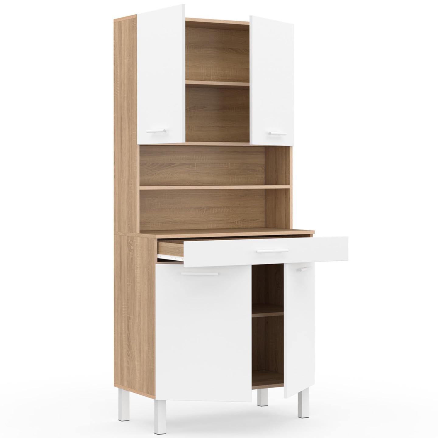 IDMarket - Aparador de cocina (80 cm, 4 puertas, cajón de haya y color blanco