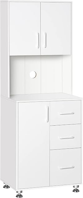 HOMCOM Modern Kitchen Cupboard with Storage Cabinets, 3 Drawers and Open Countertop for Living Room, White
