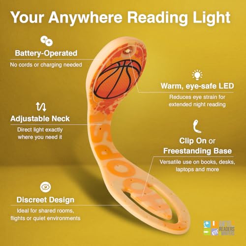Image of Gifts for Readers & Writers Book Light, Clip On Reading Light for Bed, 2in1 Flexilight & Bookmark, Small & Lightweight with a Soft Glow, 2 Batteries Included, Basketball