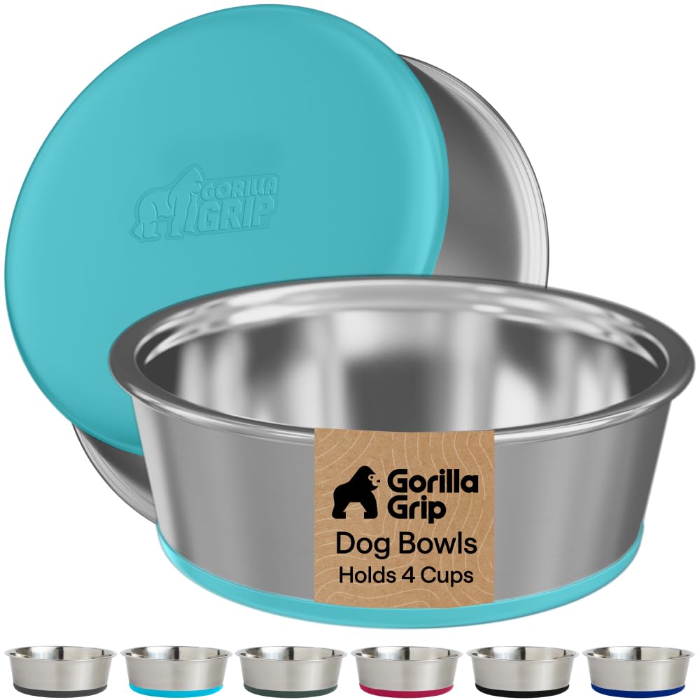 GORILLA GRIP Dog Bowls, Food Grade Stainless Steel, 2 Set, 4 Cup, Turquoise