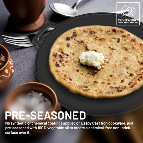 Image of Esspy Cast Iron 2-in-1 Dosa Tawa & Grill with Silicon Handle Grip(30cm) | Double-Sided Tawa /Pan for Roti, Dosa, Chapati, Fish & Steak | Naturally Nonstick, Gas & Induction Cookware