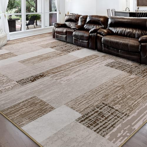 FlyDOIT Modern Geometric Patchwork Area Rug, 5×8 Beige Large Rugs for Living Room, Rockwood Collection Indoor Rugs for Bedroom, Throw Carpet Floor Decor for Entryway Dining Room Office Nursery