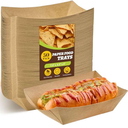 Ocmoiy 4lb Large Paper Food Trays, 50 Pack Heavy Duty Kraft Food Boats Holders Disposable Serving Basket Trays for Nachos, Burgers, Fries, Tacos, Hot Dog, Sandwiches