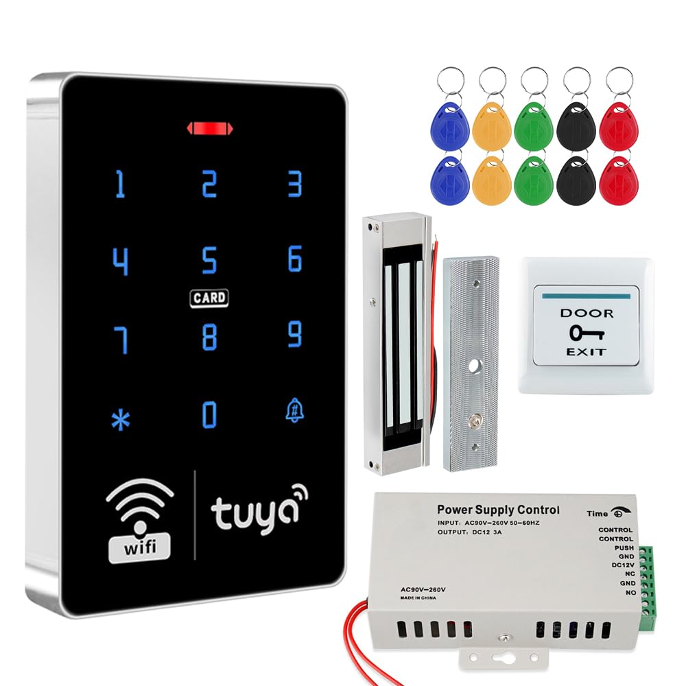 Tuya Kit de système de contrôle d'accès intelligent : clavier étanche IP68 + verrouillage magnétique de 180 kg + bloc d'alimentation + bouton de déverrouillage + 10 porte-clés RFID, convient