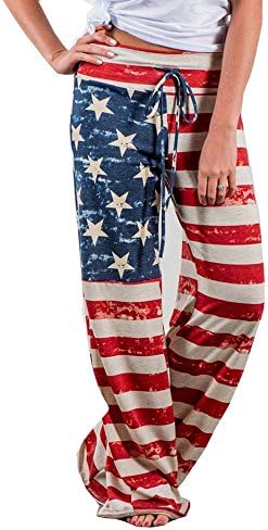 Women Pants Neartime Print Loose Casual Pants American Flag Drawstring Wide Leggings (M, Multicolor)