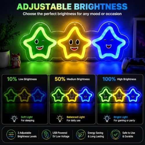 Image of Cute Stars Neon Sign Gaming LED Neon Light for Wall Decor, Dimmable Colorful Cartoon Stars for Gaming Room Bedroom Kids Room Party Decoration Gifts for Kids