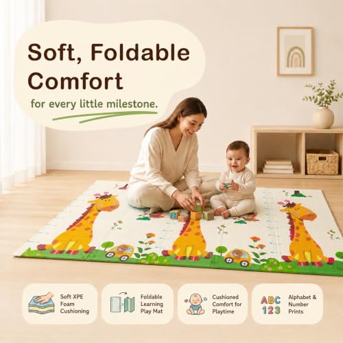 Image of StarAndDaisy Foldable Baby Play Mat 5 x 6.5 ft, 6MM Thick XPE Foam Playmat, Reversible 2-in-1 Design, Lightweight Cushioned Floor Mat for Crawling, Playing & Learning