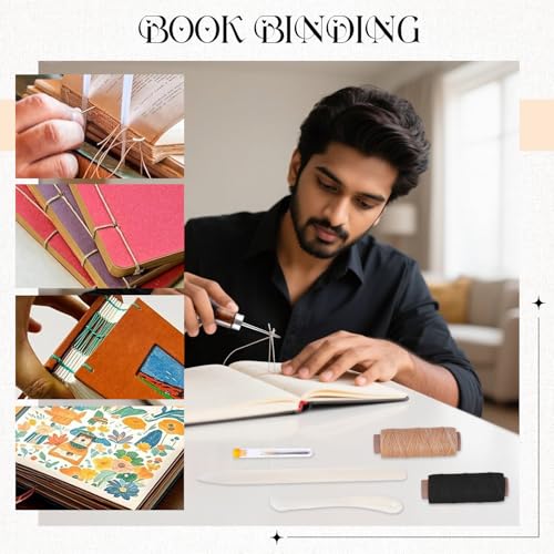 Image of CoolShef 12Pcs Book Binding Kit - Leather Craft Tools with Bone Folder, Waxed Thread, Awl & Large-Eye Needles | Stitching Tools for Tailoring and Handmade Bookbinding Crafts