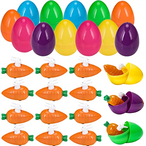 Aitsite 12 Pack Easter Egg Carrot Pull Back Car and Assorted Colors Prepackaged Plastic Surprise Eggs for Toddlers, Basket Fillers for Kids 3-5 Years Old, Egg Fillers, Gift Bag, Party Favors