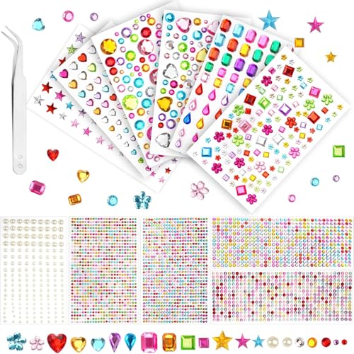 3500Pcs Gem Stickers Self Adhesive Gems for Crafting Glitter Stickers with Tweezer Colorful Stick on Gem for DIY Craft Face Hair
