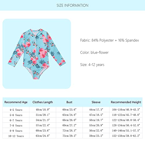 Jbin Rich Toddler Kids One Piece Rashguard Long Sleeve Swimwear Swimsuit,With Upf 50+ Sun Protection For Girls 4-12T Cyan-Flower #TOP2