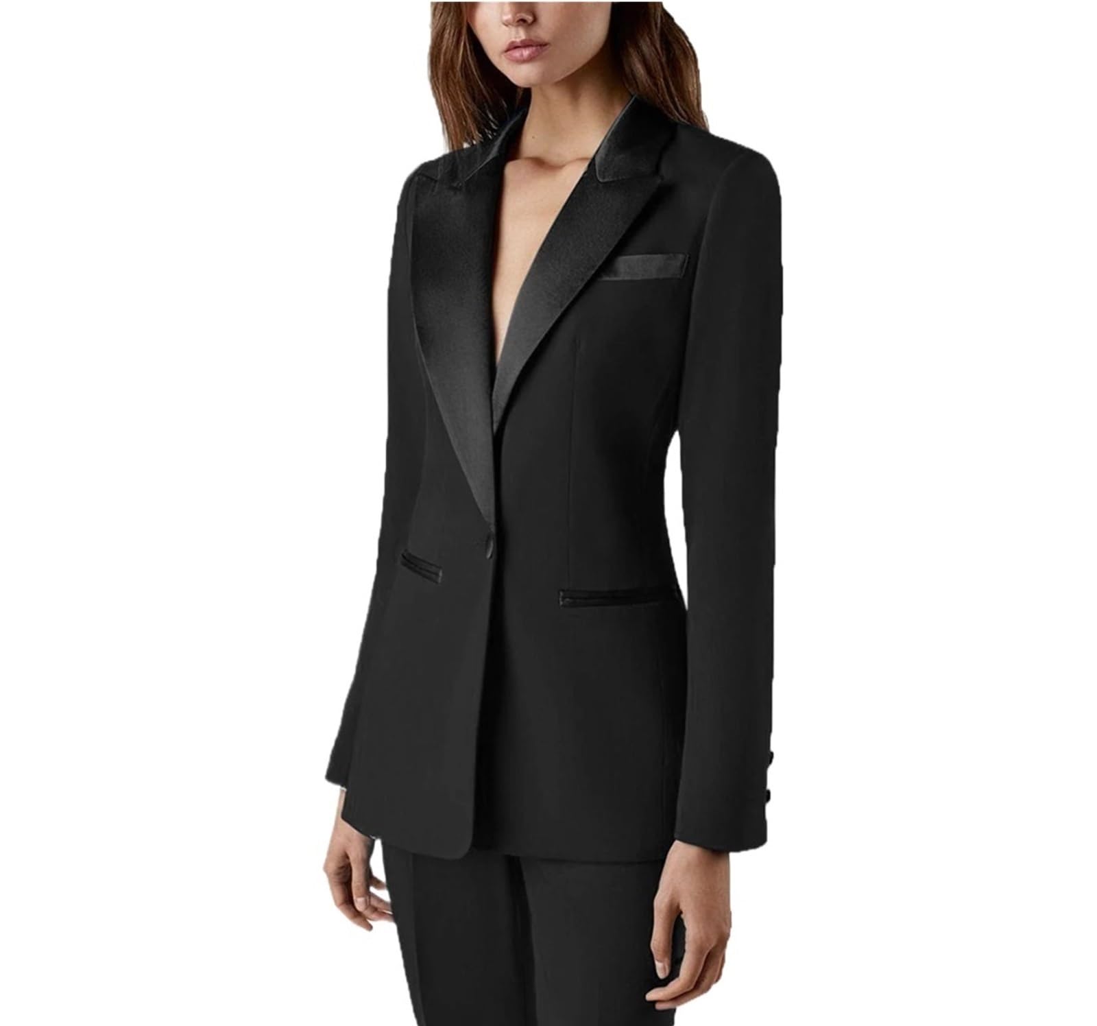 Conjunto de pantalón 2 Piezas satén con Solapa Pico y un Solo botón, Color Liso, Elegante, Informal, Ajustado, for Uso Diario Oficina, for Mujer para Negocios, Trabajo, Oficina, Formal