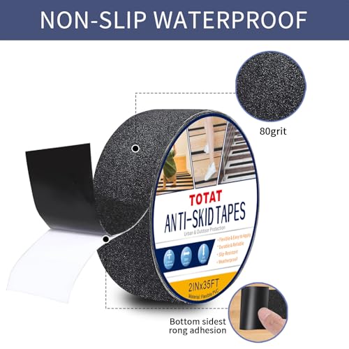 Image of Black Anti-Slip Stair Treads Tape,2 inch x35FT Heavy Duty PVC Non-Skid Grip Tape for Wooden Steps, Indoor /Outdoor Stairs, Pool Decks - Peel & Stick Waterproof Safety Traction