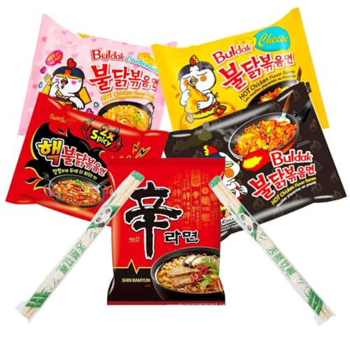 YIJIA | Pack 5 Paquetes mezclados A Ramen Coreano instantáneo Buldak de Queso, de Picante Buldak, Carbonara y de 2X Picante,Nong shim Shin Ramyun.