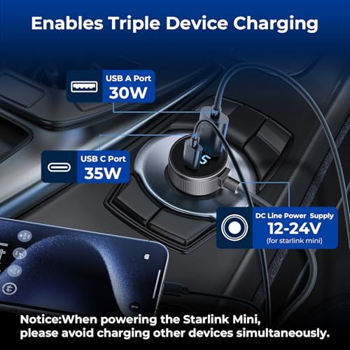 Image of Starlink Mini Cable, 3 in 1 Starlink Mini Car Charger DC Power Cable+ Cigarette Lighter Adapter 12V-48V with Digital Display, Durable USB C PD 40W and USB A 35W Ports for Trucks and Cars (6.5FT)