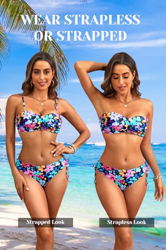 Image of Tempt Me Women Strapless Bandeau Bikini Set Twist Front Two Piece Swimsuit | Detachable Shoulder Straps, Molded Cup Design, Anti-slip Strips, Side Tie Bikini Bottom, Low Rise Fit