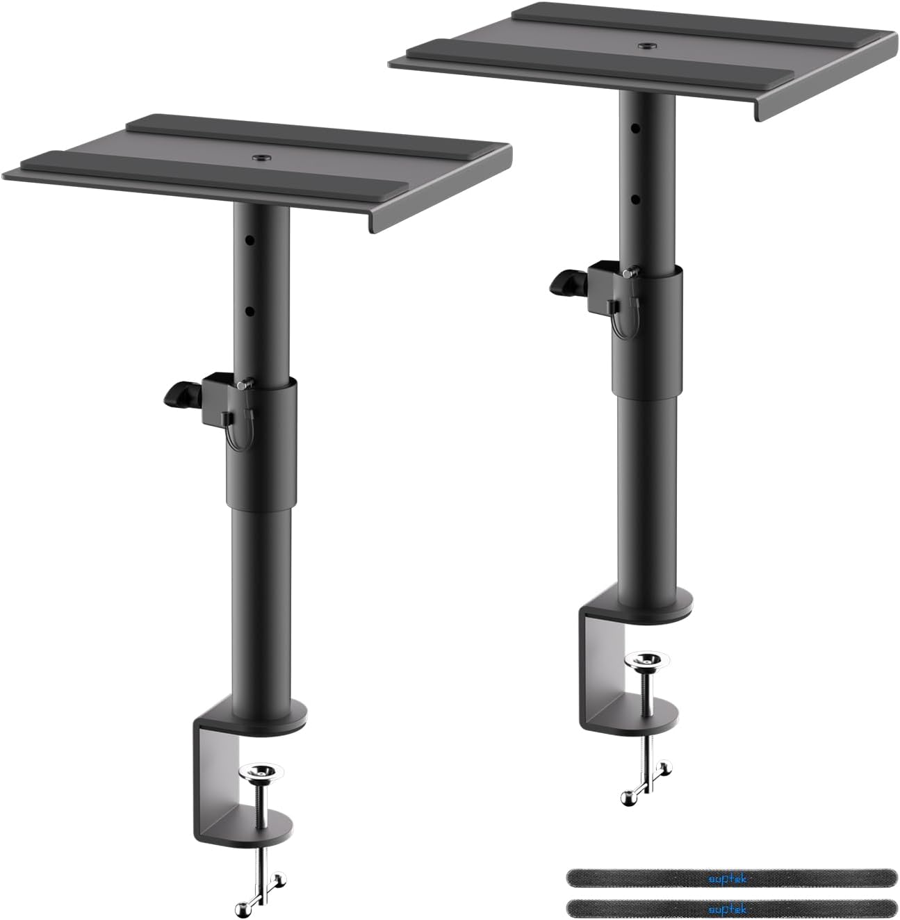 suptek Clamp-on Speaker Stand Desk Mount Set, Height Adjustment, Swivel, 9.6 x 8.8 inch Trays, Universal Audio Holders for Bookshelf Speakers, Elevated Sound, 2 Pack, Black, SDM001G