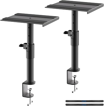suptek Clamp-on Speaker Stand Desk Mount Set, Height Adjustment, Swivel, 9.6 x 8.8 inch Trays, Universal Audio Holders for Bookshelf Speakers, Elevated Sound, 2 Pack, Black, SDM001G