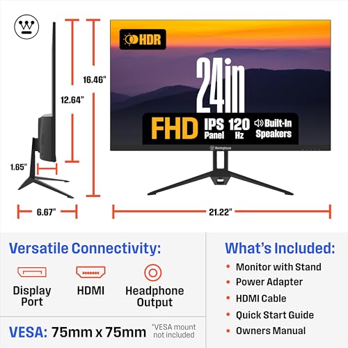 Image of Westinghouse 24 Inch Gaming Monitor, 120Hz, 1ms, IPS Computer Monitor, 1080P FHD, Built-in Speakers, Eye Care, Adpative Sync Support (FreeSync Compatible), HDR, VGA, HDMI & DisplayPort w /Gaming Mode