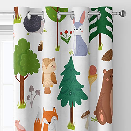 Trelemek Kids Blackout Curtains ,Thermal Insulated Draperies Summer Forest Cute Wildlife Animal And Forests Floral Cartoon Cloth Bedroom Livingroom Curtain 72X63Inch(183X160Cm), White #TOP2