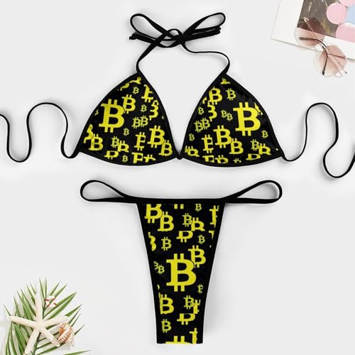 Womens 2PCS Spaghetti Strap Halter Bikini Set Bitcoin Sign Icons String Triangle Bottom Swimsuit2