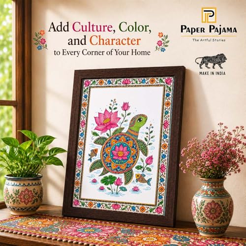 Image of PAPER PAJAMA Madhubani Turtle Wall Art for Living Room | Lotus & Sea Turtle Folk Art Painting | Traditional Mithila Framed Decor for Home, Office & Bedroom (10x13 Inches)