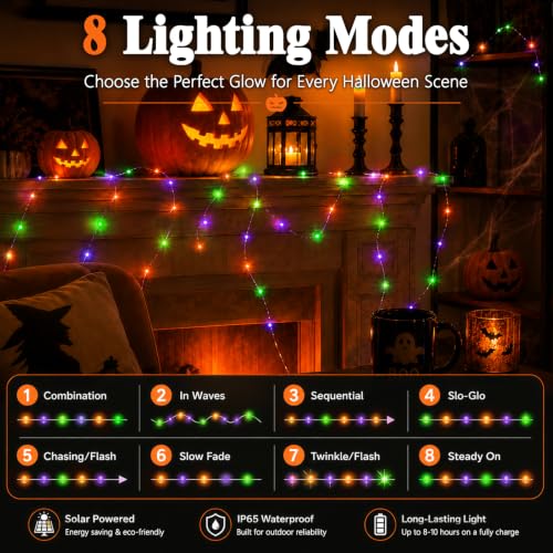 Amazon Haul: 2 Pack cshare Halloween Solar Fairy Lights 16.4FT 50LED Each, Orange Purple Green Halloween Lights Waterproof Outdoor Black Wire String Lights - image 4