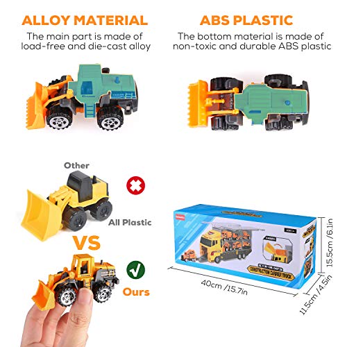 BeebeeRun 27 in 1 Engineering Construction Truck Car Toy Set, Alloy Transport Truck with Workers and Road Signs, Play Vehicles in Carrier Gifts for 3+ Kids Boys and Girls