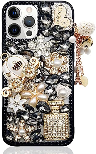 Anoka Labs 3D Cover for iPhone 12 / iPhone 12 Pro Case Sparkle Rhinestones - Luxury Swarovski Crystals, Bling Sparkly Shine Diamonds, Custom Cute Decorative Shell Bumper for Girls, Women - Gold Black