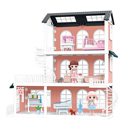 heruo Doll House Sets Building Dream House Toy 3-Story with Furniture Stairs Dolls and Pet, Surprise Dolls house Toy for 3 4 5 Years Old DIY Creative Accessories Dolls house Gift Birthday for Girl Boy