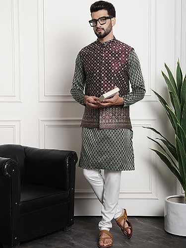 Image of SOJANYA (Since 1958 Men's Jacquard Silk Kurta and Pyjama with Nehru Jacket