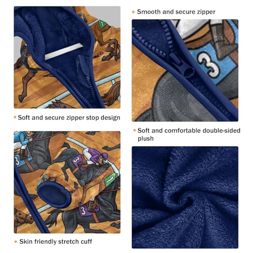 Horse Racing Scene Pattern Toddler Fleece Jacket Girl Boys Hooded Fleece Jacket Coat Warm Outwear Zip-up 3-10T3