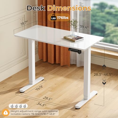Image of JOY worker Small Electric Standing Desk, 40 inch x 20 inch Whole Glass Piece Height Adjustable Desk with Memory Controller, White Sit to Stand Desk Workstation for Home Office