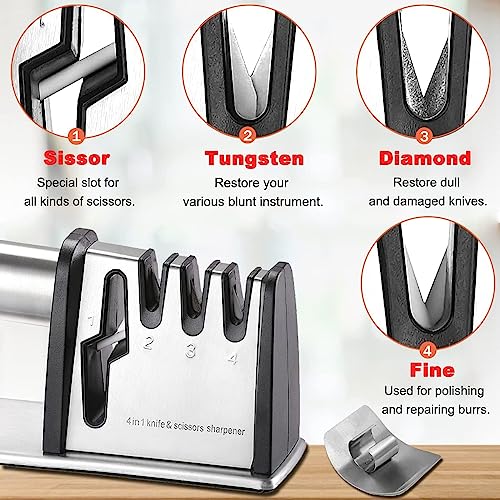 Image of BOCHION Manual Knife Sharpener, 4 in 1 Professional Knife Sharpener & Finger Guard Set, Multi-Purpose Kitchen Knives /Scissors Sharpening with Tungsten Steel /Diamond /Ceramic, Best Sharpening Tools for