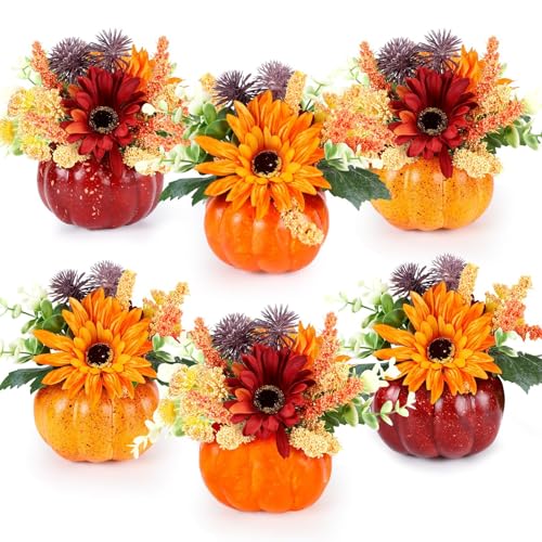 Set of 6 Mini Fall Pumpkin with Artificial Flower Decorations Thanksgiving Sunflower Centerpieces for Tables Harvest Fall Table Floral Decor Autumn Fireplace Mantle Living Room Home Kitchen Party