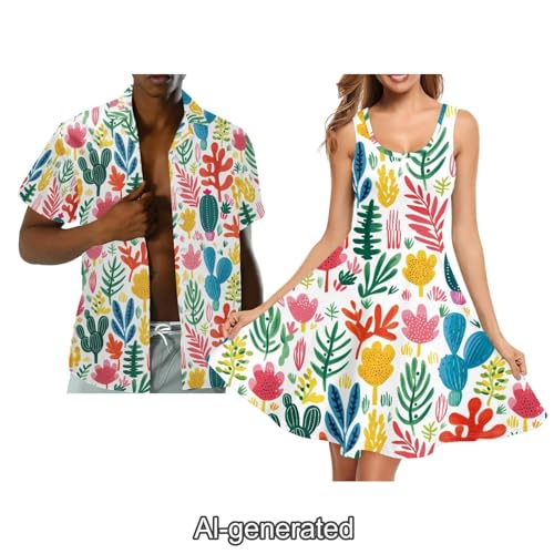 Image of Dreaweet Summer Dresses for Women A-Line Sleeveless Flowy Sun Dresses,Men's Casual Button-Down Shirts,Couple Matching Outfits