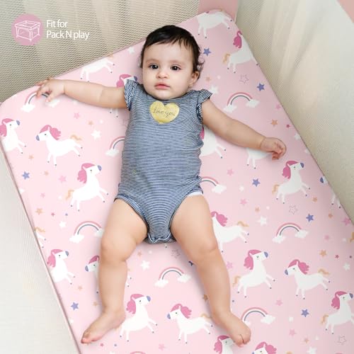 Image of Baby Mini Crib Sheets Girl, Portable 38 inchx26 inch Pack and Play Sheets Fitted for Playard and Pack N Play Mattress, 3-Pack Soft Microfiber Pink Purple Rainbow