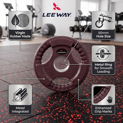 Image of Leeway Color Rubber Coated Olympic Weight Plates (120kg Set) | 51mm Dia | Metal Integrated Gym Weight Plates | Rubber Coated Weight for Olympic Barbell, Home & Strength Training (2.5X2+5X2+7.5X2+10X2+15X2+20X2)