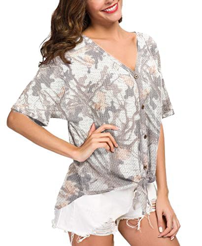 IWOLLENCE Women's Camo Printed Waffle Knit Short Sleeve Shirts V Neck Button Down Tie Knot Blouse Loose Batwing Tops Summer - Thumbnail 3