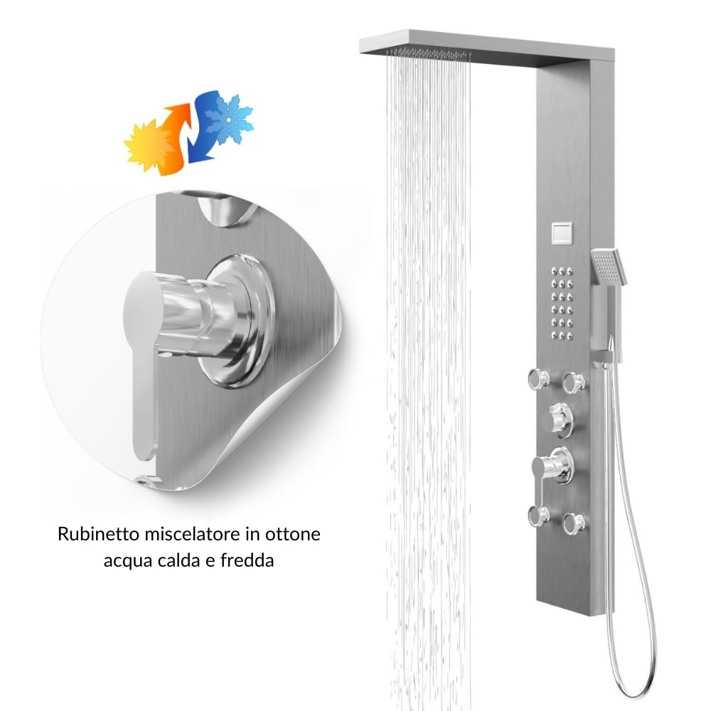 Colonna Pannello Doccia Chester-1 Cromo Spazzolata Acciaio 4 Funzioni Display Temperatura 4 getti lombari frontali 24 micro-ugelli Soffione Anticalcare