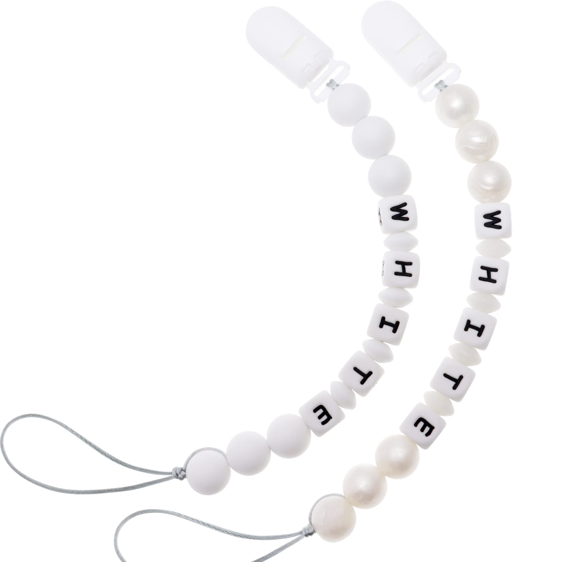 Personalized Pacifier Clip with Name, Customizable Pacifier Clip (2 Pack) (White+Pearl)
