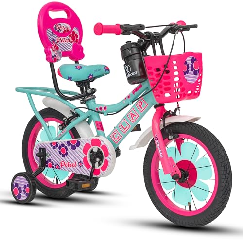 Image of Petal 14T Kids Bicycle with Training Wheels | Backrest, Basket & Full Chain Cover | Ideal for Girls Aged 3-5 Years (Sea Green-Pink, 14T)