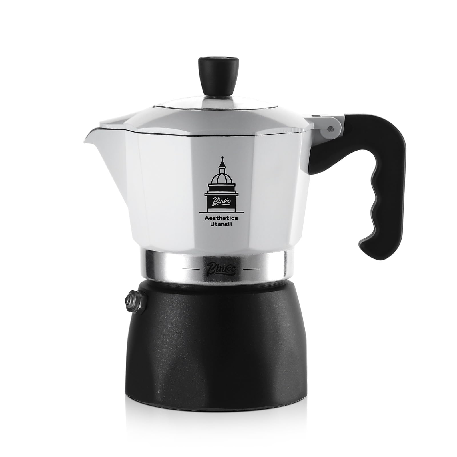 Bincoo Stovetop Espresso Maker,Classic Aluminum Italian Coffee Maker,2Cups Moka Pot for Italian and Cuban Café Brewing, Double Valve Extraction (White-Black, 2 Cups)