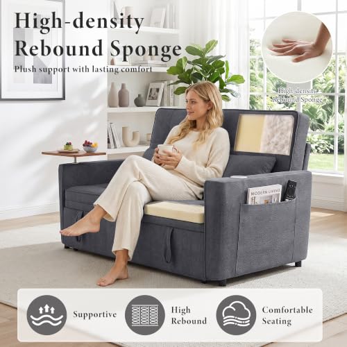 Image of Dreamzie 54'' Convertible Sleeper Sofa Bed with Swivel Side Table, Chenille Pull Out Couch for Living Room, Loveseat Sleeper Couch with Side Pocket | Charging Port | Cup Holder, Dark Grey