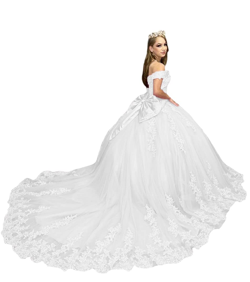 PFTFB Gorgeous Off Shoulder Quinceanera Dresses Puffy Long Ball Gown with Train Lace Beaded Tulle Sweet 16 Dresses