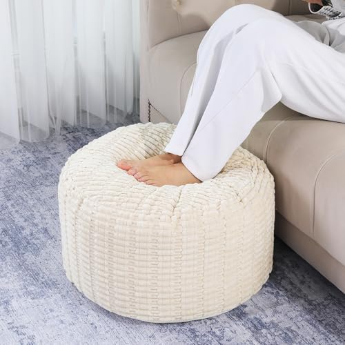 HOMBYS Unstuffed Ottoman Pouf Cover,Round Faux Fur Foot Stool, Fuzzy Chair, Floor Bean Bag(No Filler),Foot Rest with Storage for Living Room, Bedroom, Office, Striped Tufted (Beige) - Thumbnail 2