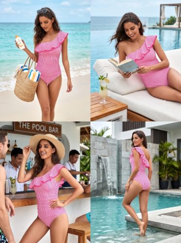 Image of Tempt Me Women One Piece Swimsuits Tummy Control One Shoulder Bathing Suits Ruffle Swimwear