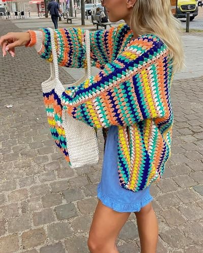 CORIRESHA Women's Rainbow Cardigan Open Front Long Sleeve Boho Crochet Colorful Striped Sweater4