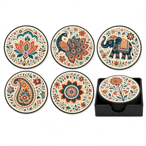 Image of Zesta Coasters for Cups Set of 6 / Wooden Coasters for Bar Accessories for Home /Tea Coaster Set of 6 / Waterproof Dining Table Decor Glass Cover (Abstract 2, Circle)