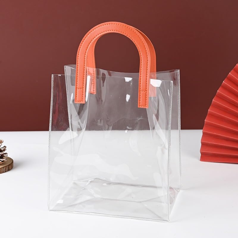 Image of SATYAM KRAFT 6 Pcs Transparent Reusable Leather Goodie Bags | Elegant Gift Bags for Her /Him Wedding Return Favors, Engagement Hampers, Marriage, Birthday & Festival Gifting | Handle Hamper Shopping Carry Bags (U-shaped Orange - Small)